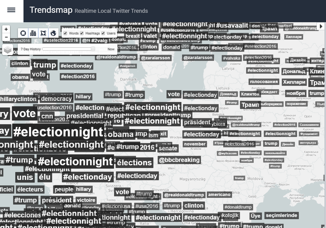 Mapa trendů na Twitteru jasně ukazuje, o čem se ráno cvrliká po celém světě. Repro: Neo